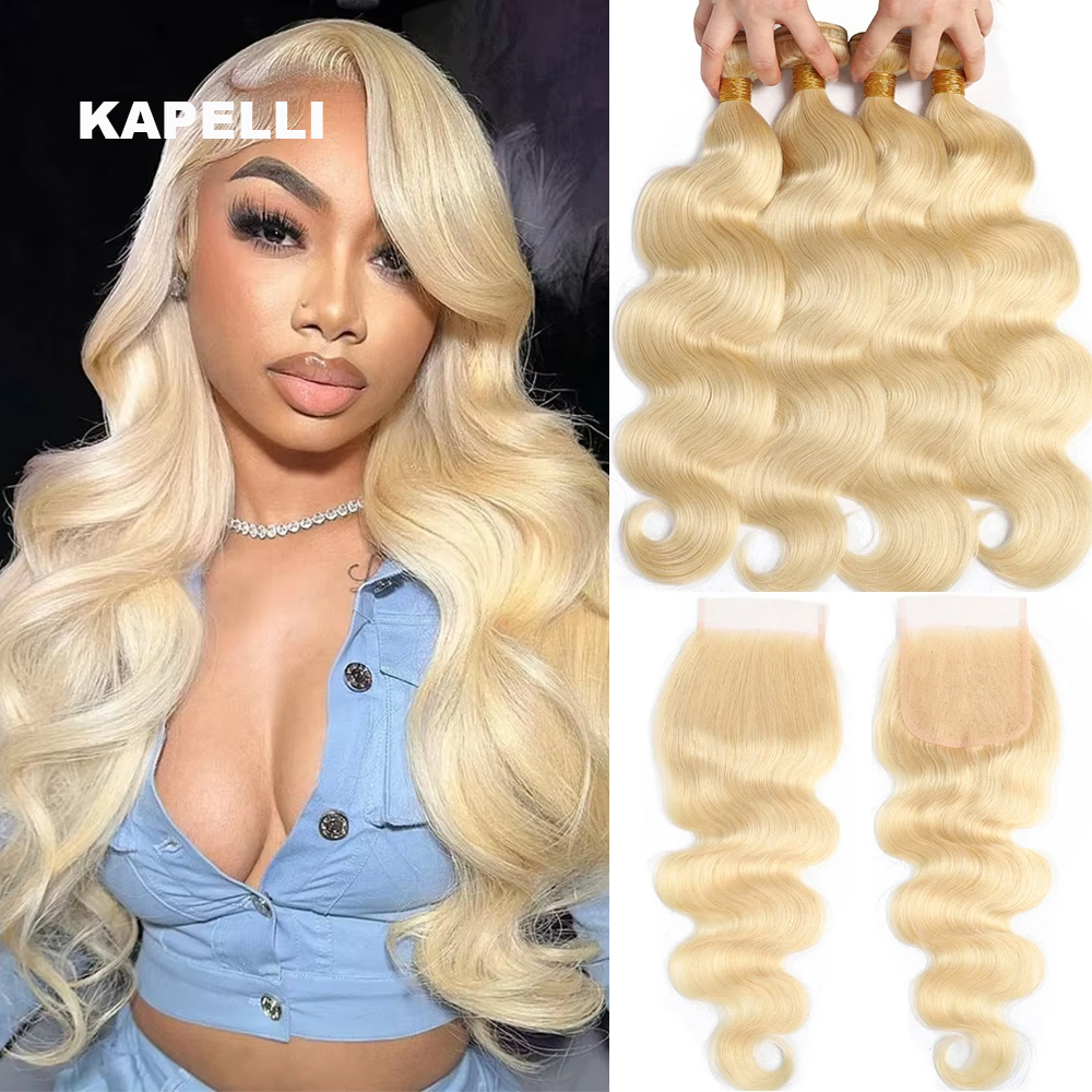 15A Bundel Rambut Manusia dengan Closure 4x4 HD Lace 613 Blonde Body Wave Bundel Rambut Manusia untuk Anyaman Rambut Remy 100% Ekstensi Rambut Manusia