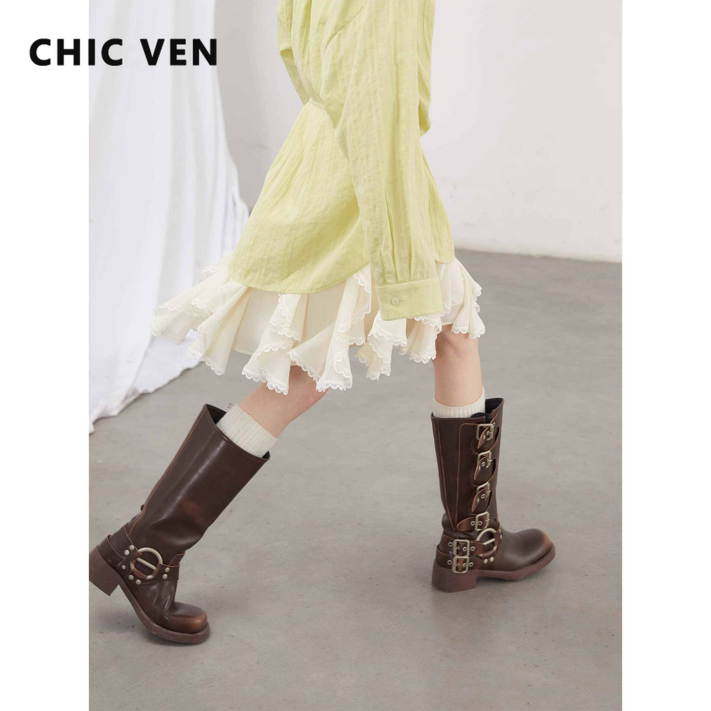 CHIC VEN корейские женские юбки трапециевидной формы, свободные повседневные новые женские юбки средней длины с высокой талией, нерегулярные кружева, весна-лето 2025