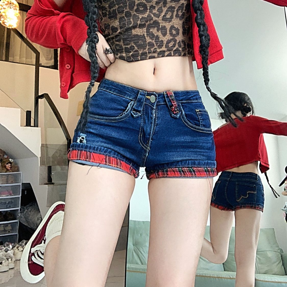 Shorts Vaqueros de Tiro Bajo con Estampado a Cuadros y Pliegues Estilo Y2K, Novedad 2026, Moda Vintage Sexy para Mujer, Verano