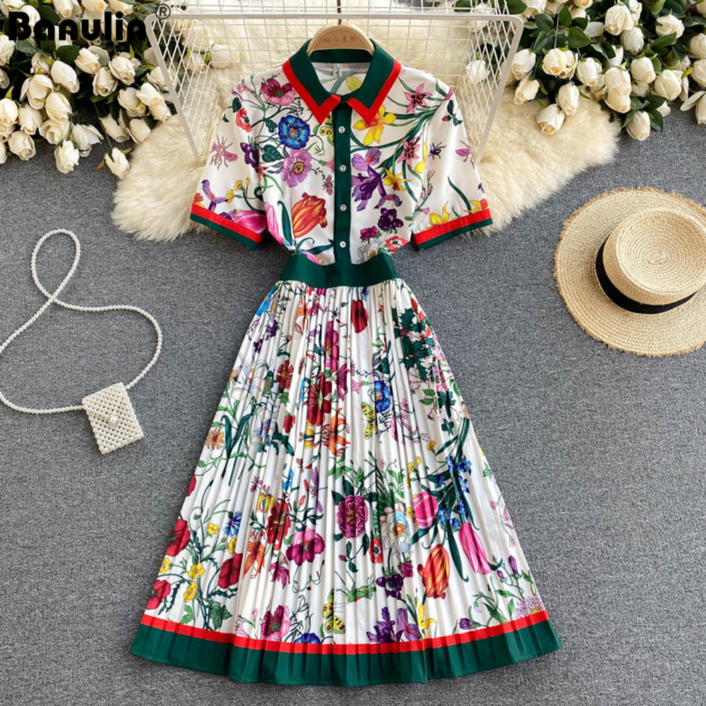 Vestido plisado de diseñador de pasarela para mujer, vestido Midi ajustado de manga corta con Cuello de camisa y estampado de flores, N78610, verano 2021