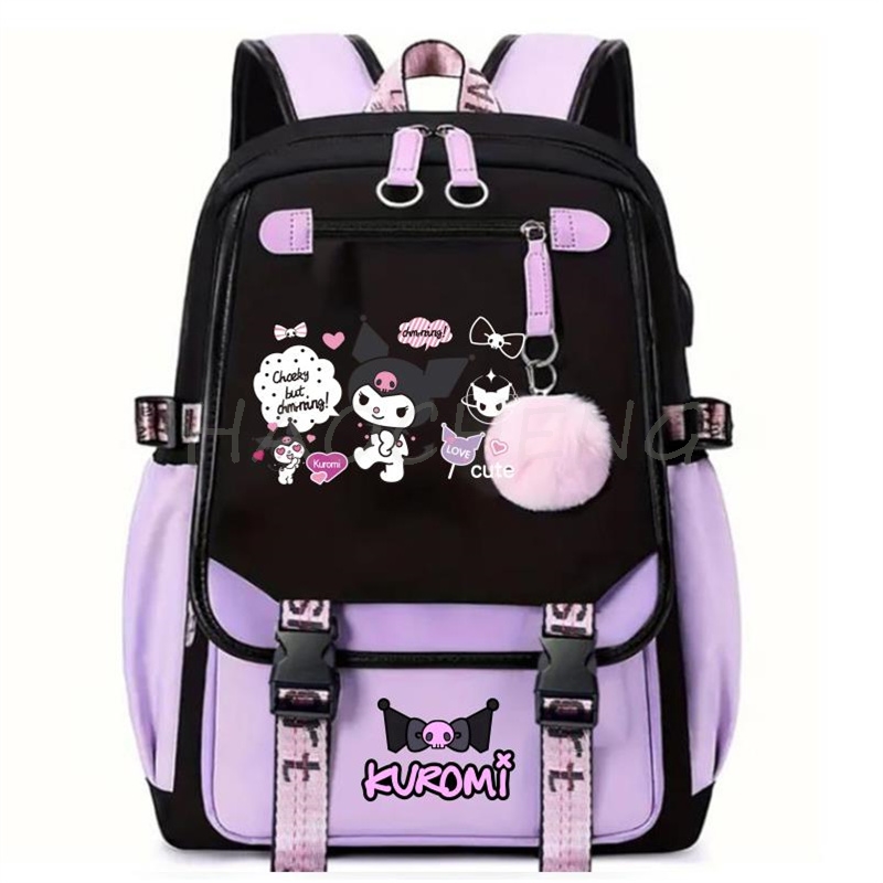 Backpack Lovely Kuromi Melody Student School Backpack USB Charge School Bag Teenager Girls Boys Children's Backpack