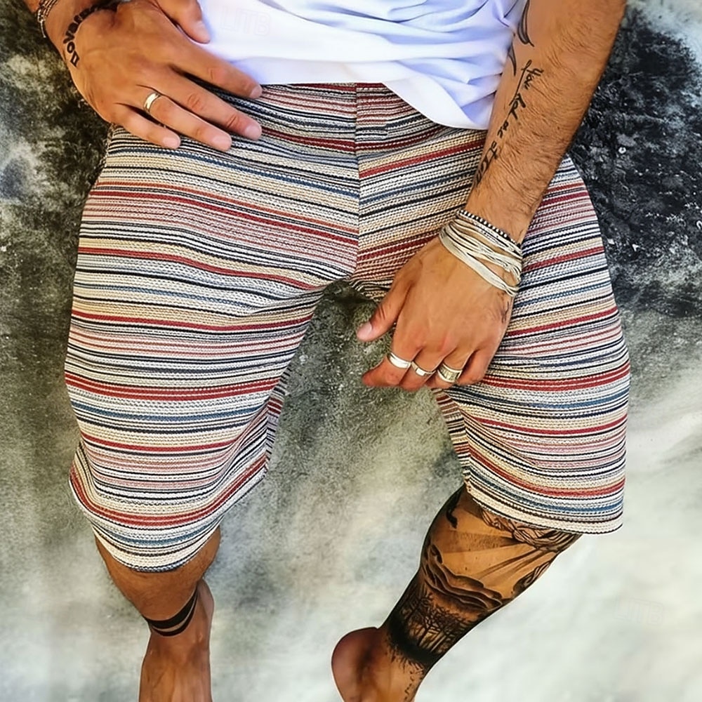 Fine Texture Minimal Short Men's Beach Shorts, Soft Breathable Drawstring Design Shorts for Beach Camping