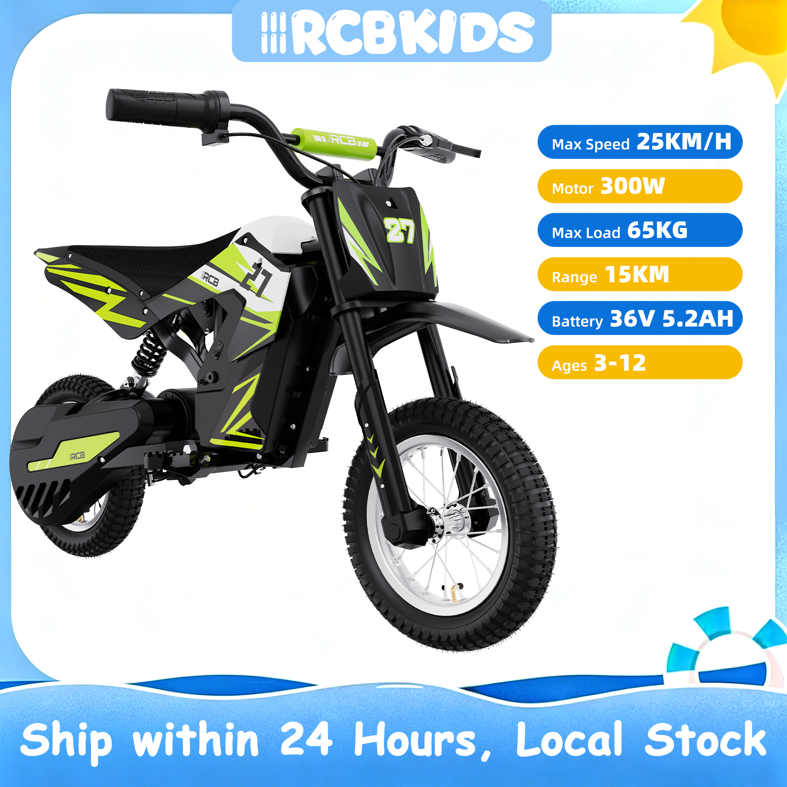 Motocicleta Elétrica Infantil RCB KIDS R9X, Moto Elétrica de 300W para Crianças, Bateria de 36V 5.2Ah, Até 15.5 MPH e 9.3 Milhas de Autonomia, Brinquedo Seguro para Passeio, Presente Ideal de Motocicleta Elétrica para Crianças de 3 a 12 Anos