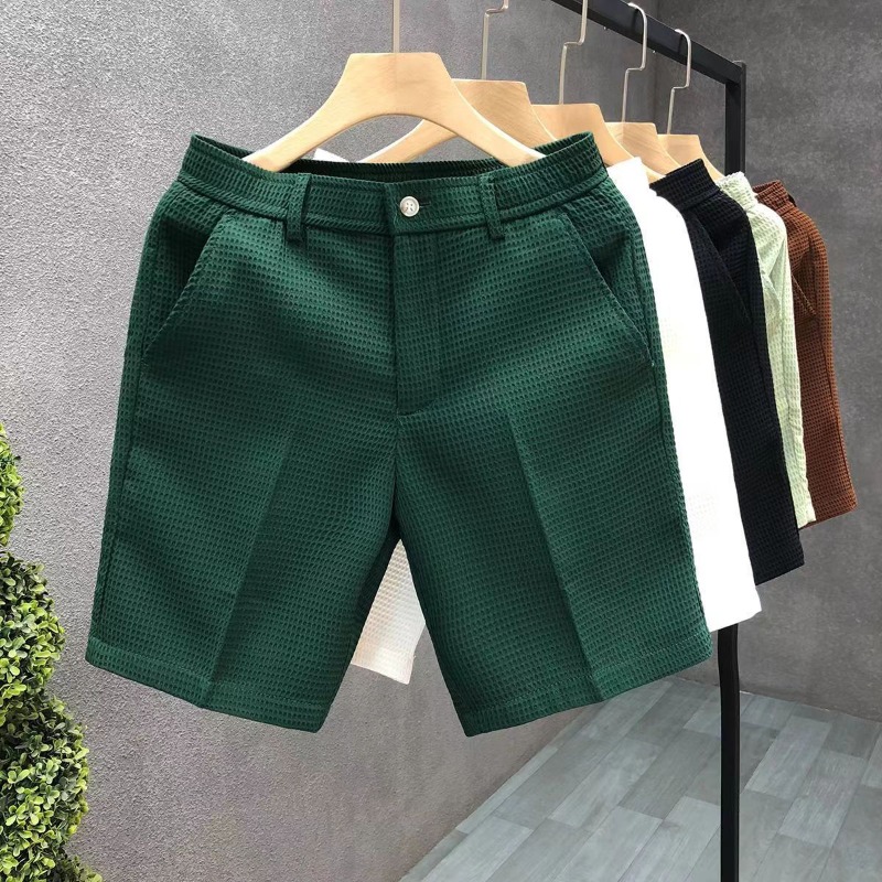 Short pour hommes Texture à carreaux solide jambe droite affaires Social taille élastique bouton pantalon court ample genou longueur décontracté court