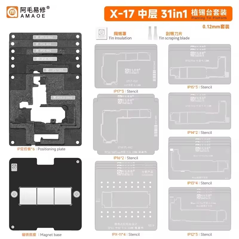 AMAOE IPX-17 31in1 Middenlaag Universele Reballing Stencil Station kits voor iPhone X1112 13 14 15 1617 Pro/MaxMini Armatuur Tool