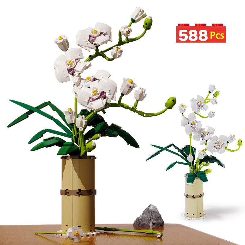 Moc-ramo de flores de orquídeas para niños y niñas, bloques de construcción, ciudad romántica, decoración del hogar, bricolaje, amigos, ladrillos, juguetes, regalo