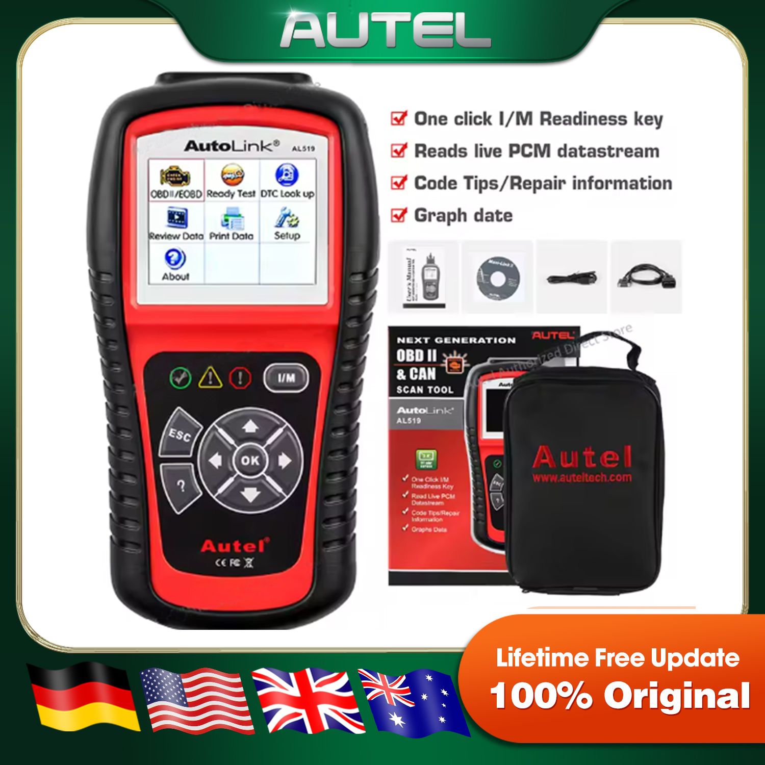 Autel AL619 AL519 skaner obd2 narzędzie diagnostyczne do samochodu czytnik kodów Automotriz ABS,SRS motoryzacyjny skaner diagnostyczny EOBD narzędzie skanujące