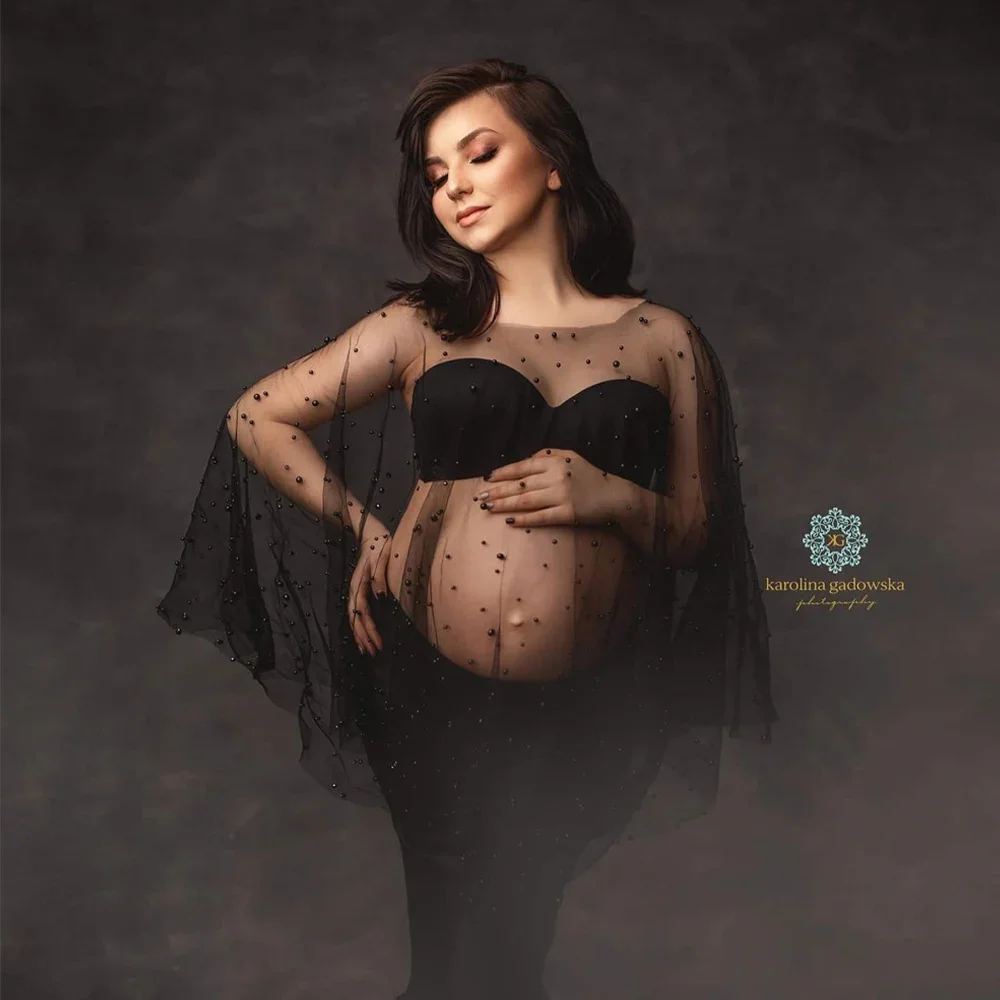 Sexy tule pérola vestidos de fotografia para grávidas pulôver capa vestido de maternidade para chás de bebê gravidez sessão de fotos poncho