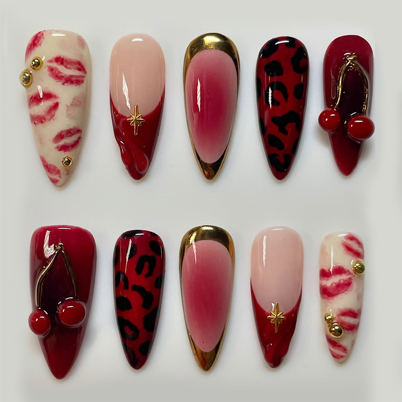 24 Uds. De uñas postizas de almendra roja, diseño de cereza y perla, pegatina en la punta del uña, estampado de leopardo francés duradero, prensa corta en falso 2030