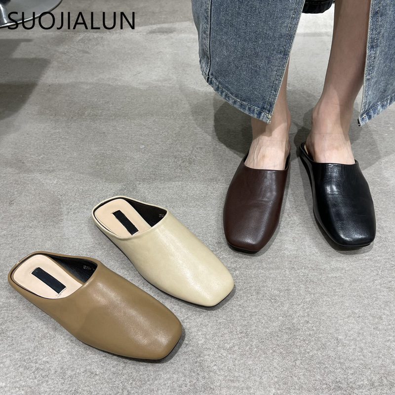 SUOJIALUN lato płaski obcas pantofel damski moda damska Casual okrągły nosek Slip On muły buty odkryty miękki sandał skórzany slajdy
