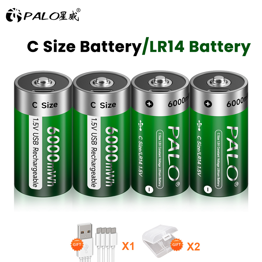 PALO 1.5V C Size Li-ion Battery 6000mWh Type C Rechargeable Lithium Batteries C Size Lipo LR14 Battery For Flashlights Gas Stove