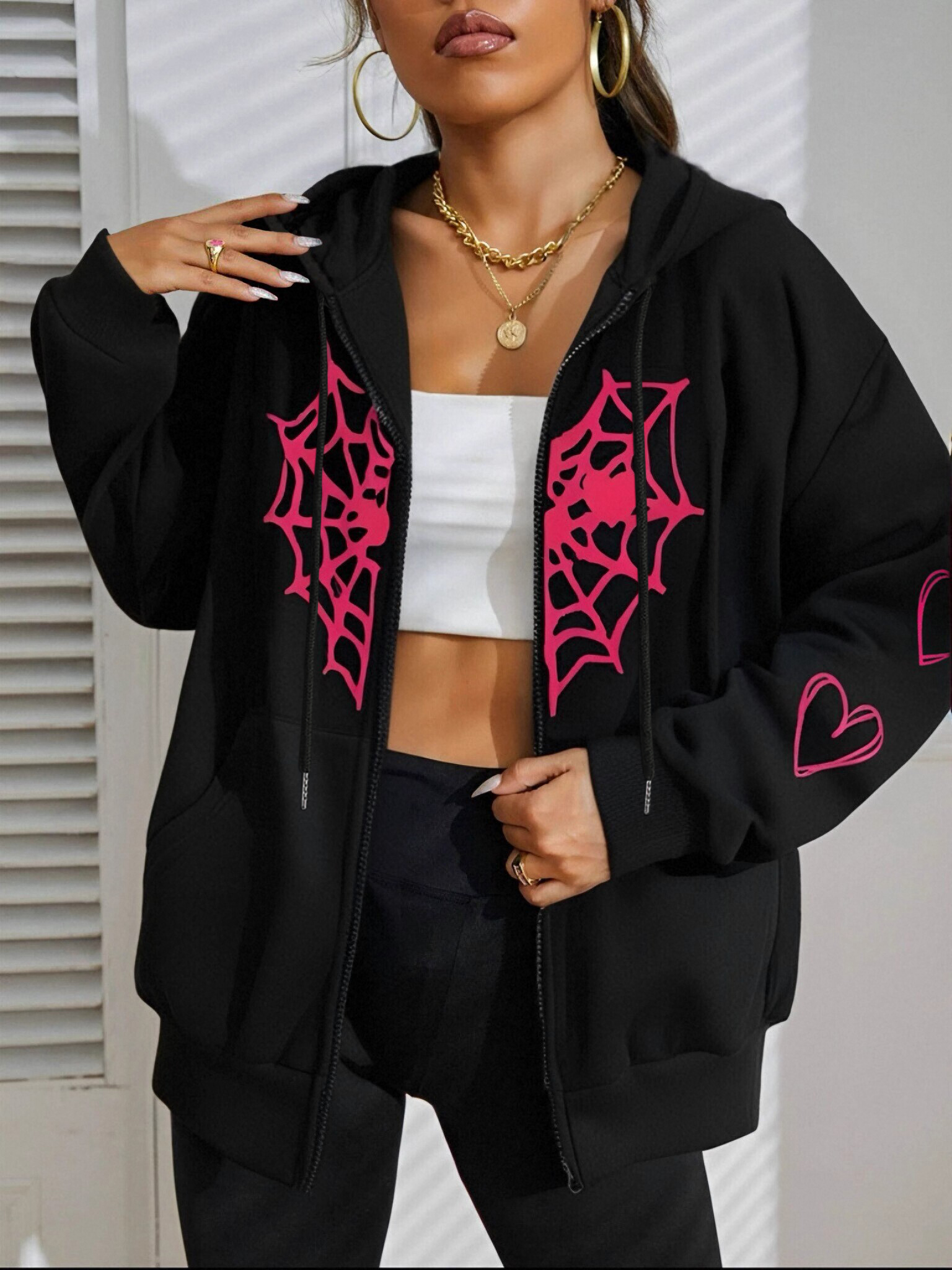 Sweat à capuche zippé imprimé toile d'araignée et cœur pour femme, sweat à capuche chaud, vêtements de rue souriants, vêtements de sport respirants décontractés pour femme, automne