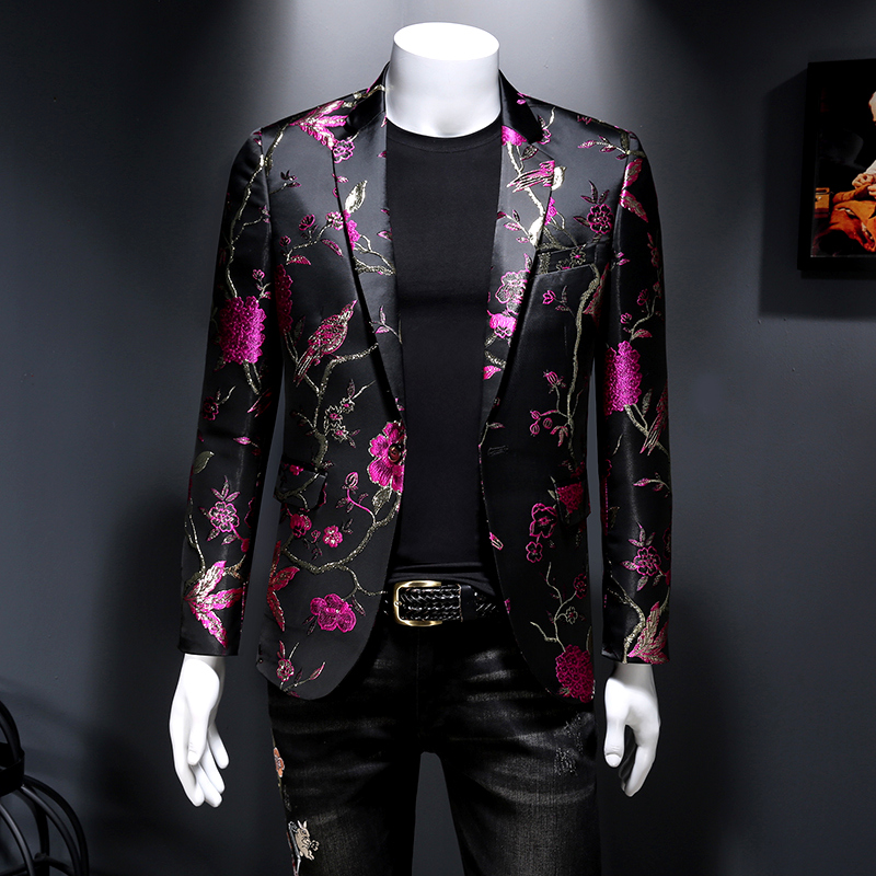 Novo vintage luxuoso jacquard floral terno jaqueta masculino casamento banquete clube vestido de festa cantores smoking magro ajuste blazers hommes