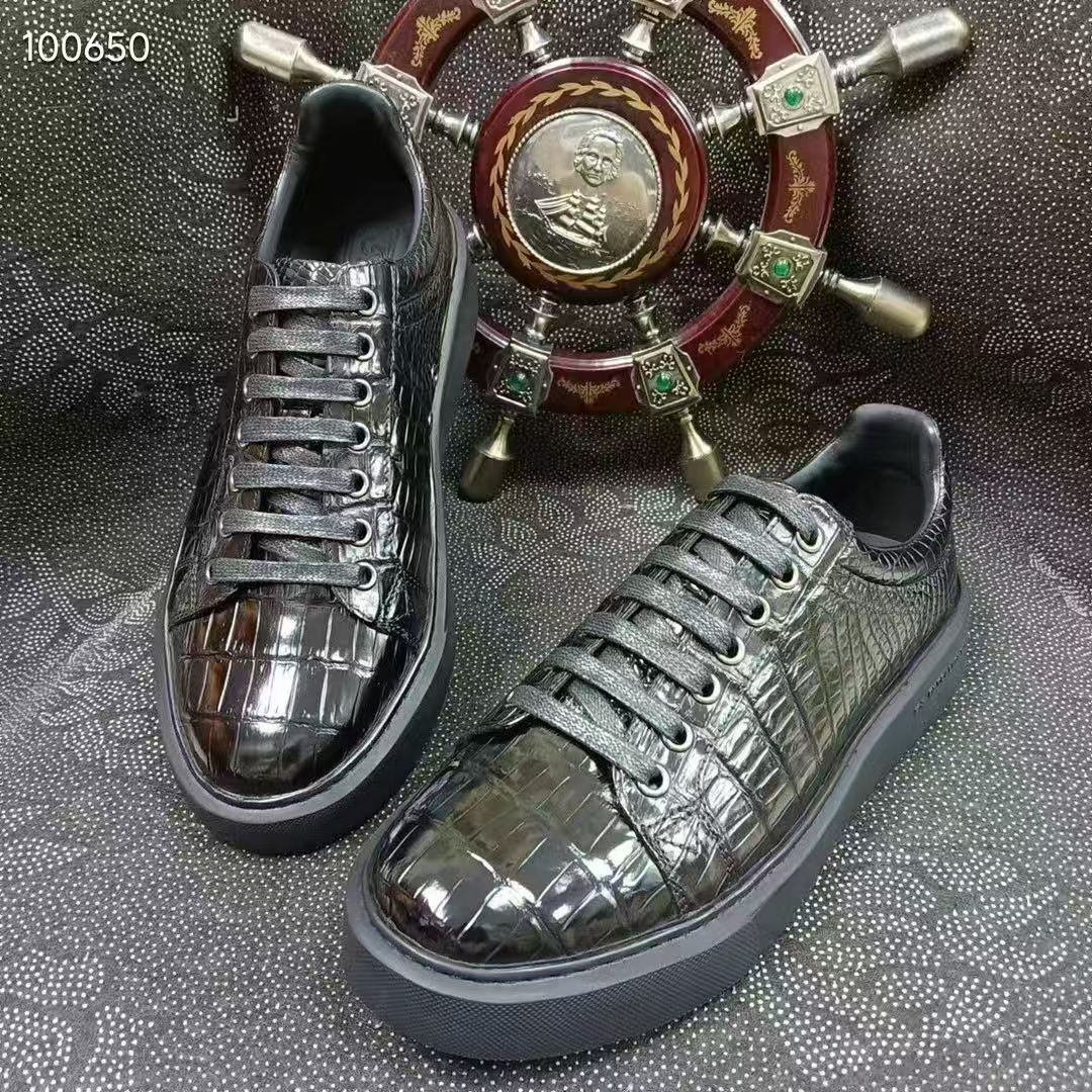 100 % echtes echtes Krokodilleder für Herren, flacher Wandersneaker, hochwertiges Alligatorleder, Herren-Loafer-Schuh, schwarze Farbe