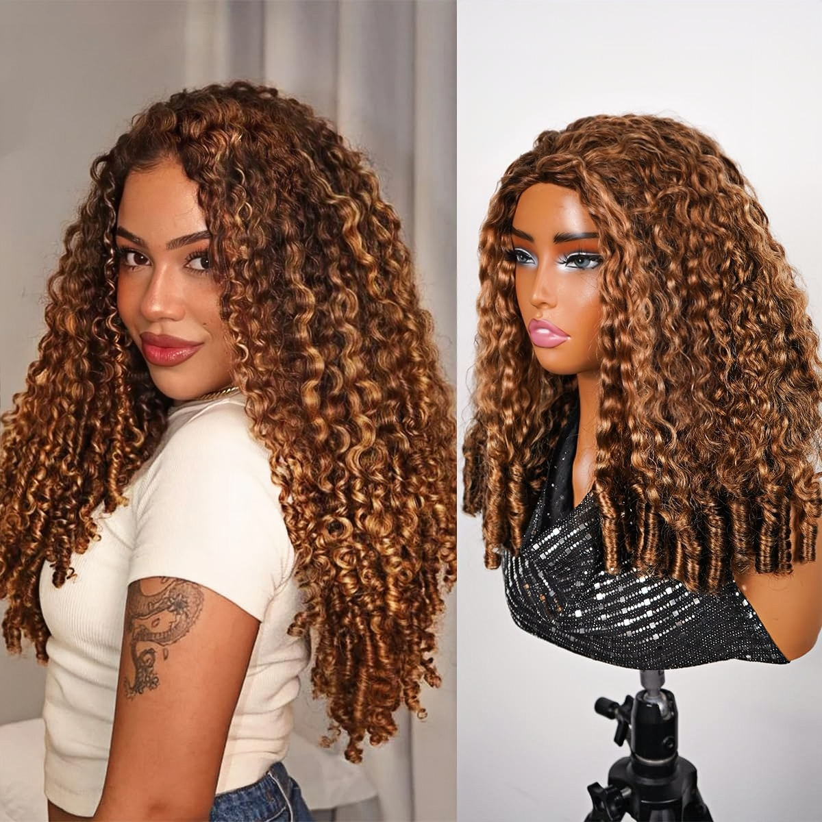 Frizira 4/27 Highlight Burmese Curly 3 IN 1 Mezza parrucca in capelli umani con clip e coulisse, pronta da indossare, facile da applicare, ideale per principianti