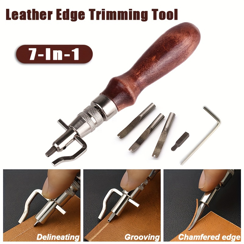 Herramienta cortadora de bordes de cuero 7 en 1 con mango de madera, Kit de prensa de bordes artesanal de cuero sintético para coser, ranurar y tallar cuero