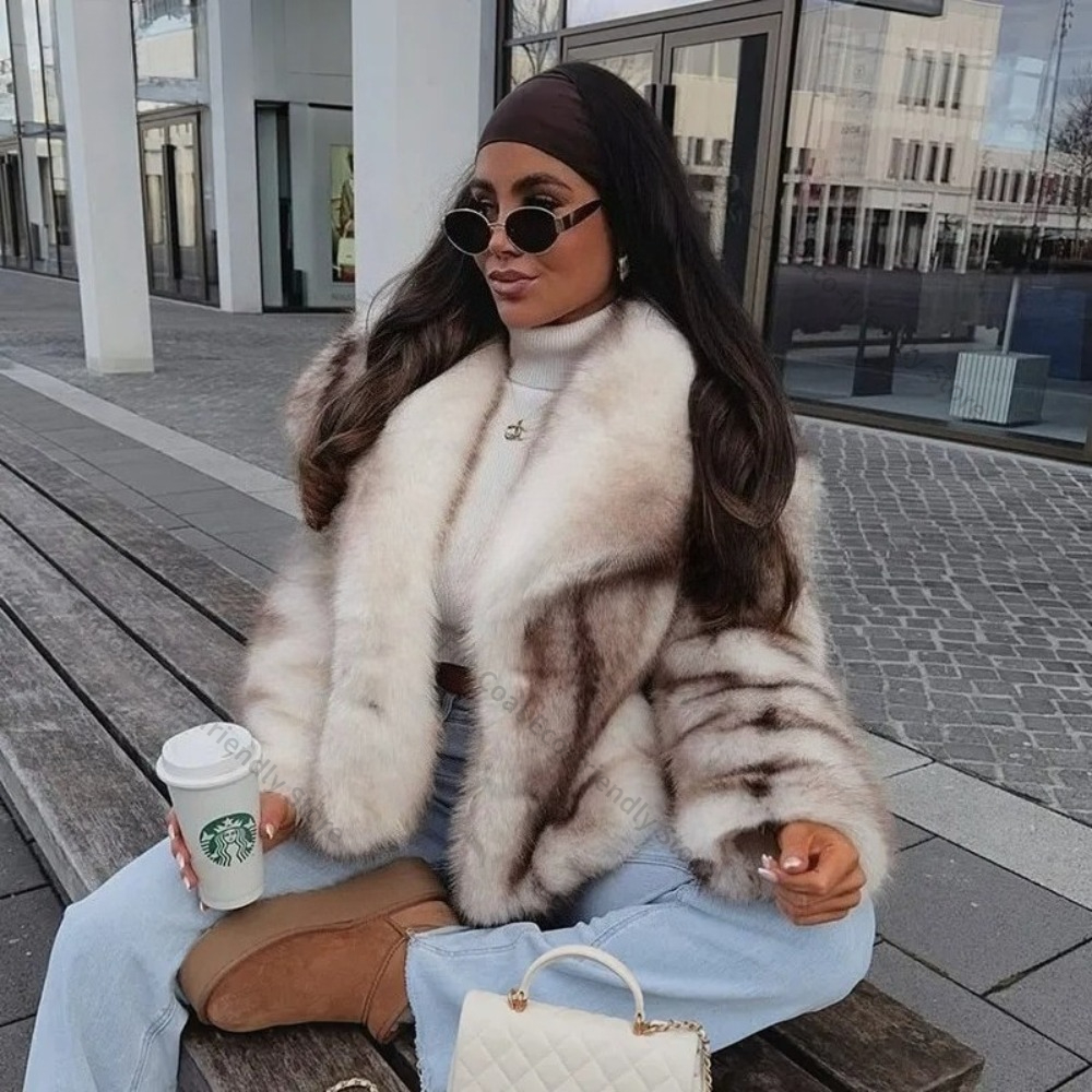 Umweltfreundlicher Kunstpelzmantel für Damen, Gestreifter Faux-Fur-Mantel, Flauschiger Damen-Überzieher