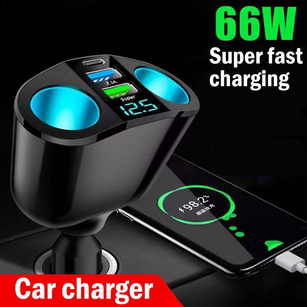 Cargador de coche rápido de 66W, divisor de enchufe de 12V-24V, USB Dual tipo C, pantalla Digital de carga para teléfono móvil, carga rápida DVR