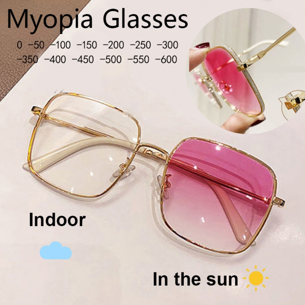 Lunettes photochromiques pour myopie pour femmes, cloutées en diamant, carrées surdimensionnées, Anti-lumière bleue, résistantes aux UV, finies avec degré 0 ~ 600