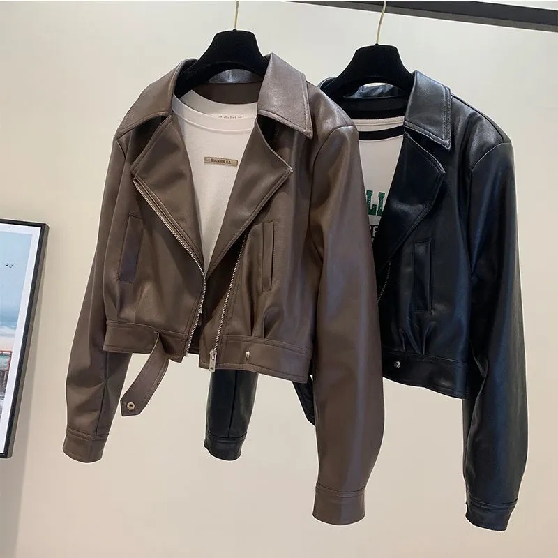 European Leather Jacket Womens Coat 2025 Autumn New Style Temperament Lapel  Small Short PU Leather Slimming Versatile Jackets