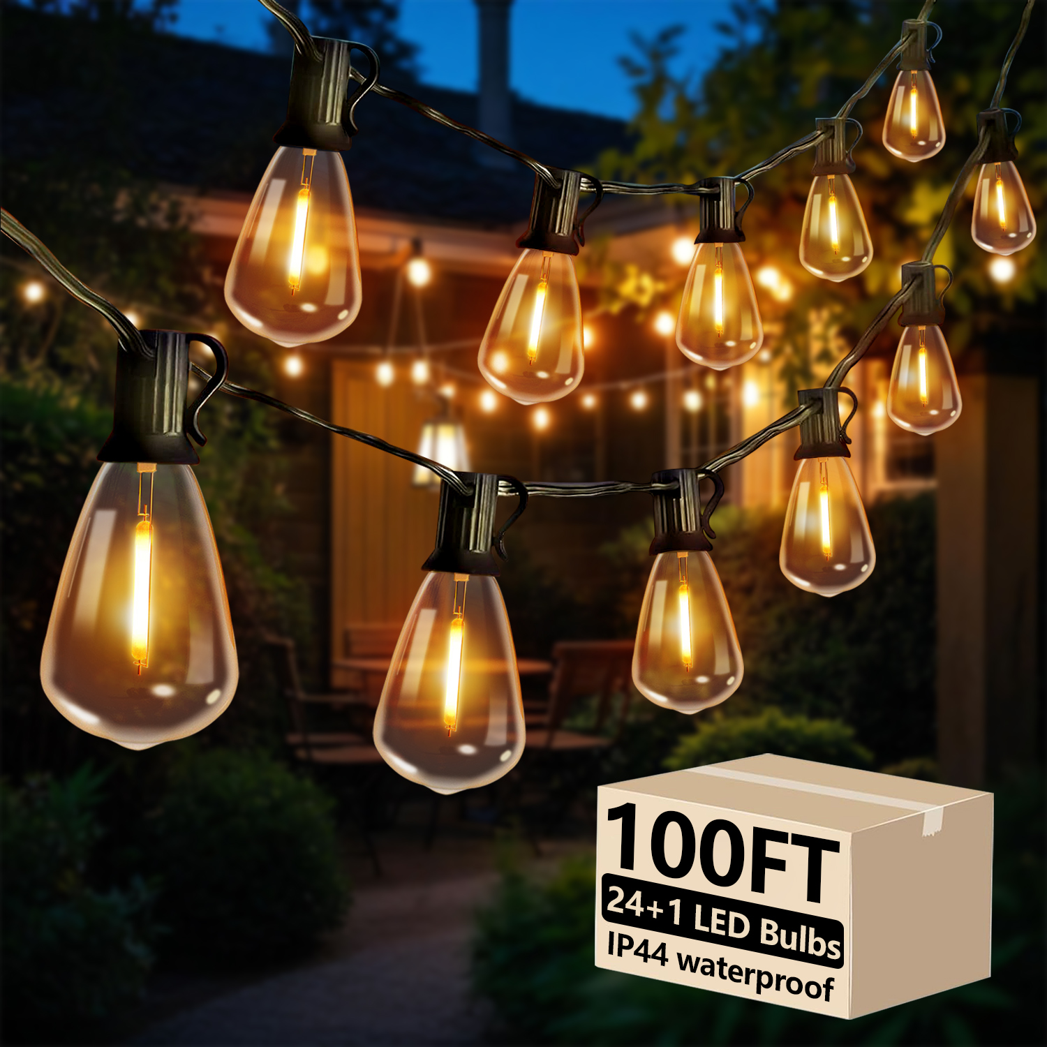Guirnalda de Luces LED ST38 de 30 Metros, 24 Bombillas Blanco Cálido 2700K, E12 Alto Voltaje, Cable Negro con Ganchos y Cable Reemplazable