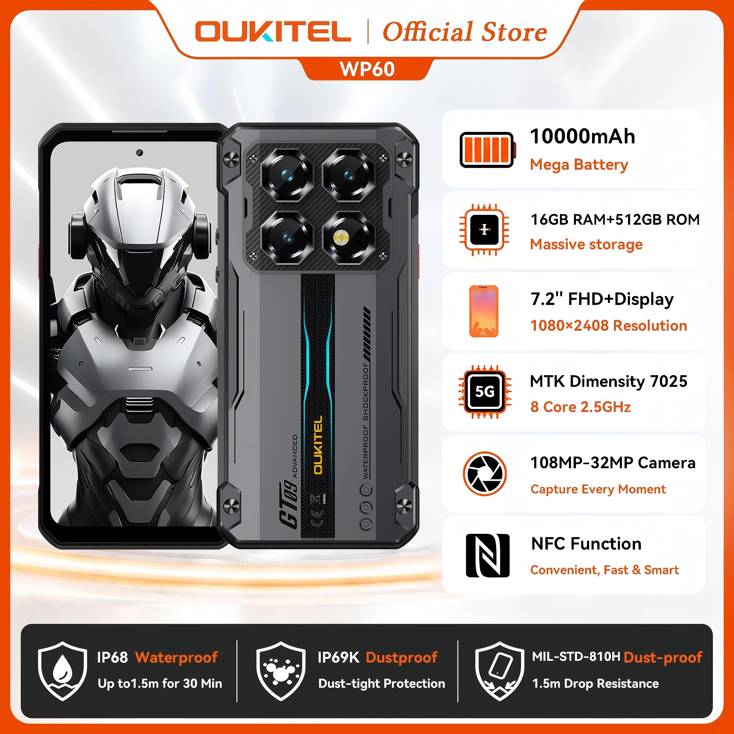 Прочный телефон OUKITEL WP60, 10000 мАч, 7,2-дюймовый HD+-дисплей, 48 ГБ (16+32) + 512 ГБ, смартфон MTK 7025, Android 15, камера 108 МП, NFC, 120 Гц