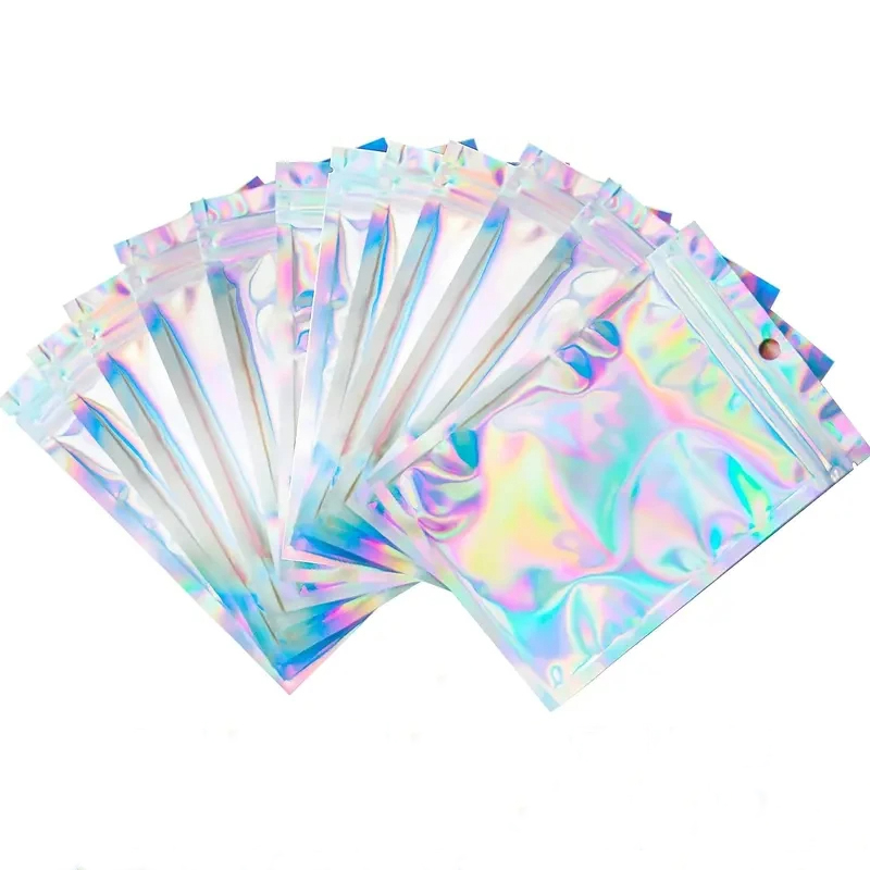 กลิ่นถุง Mylar Holographic Resealable กระเป๋าฟอยล์กระเป๋าถุง Ziplock สําหรับงานปาร์ตี้โปรดปรานอาหารเครื่องประดับบรรจุภัณฑ์ 7 ขนาด