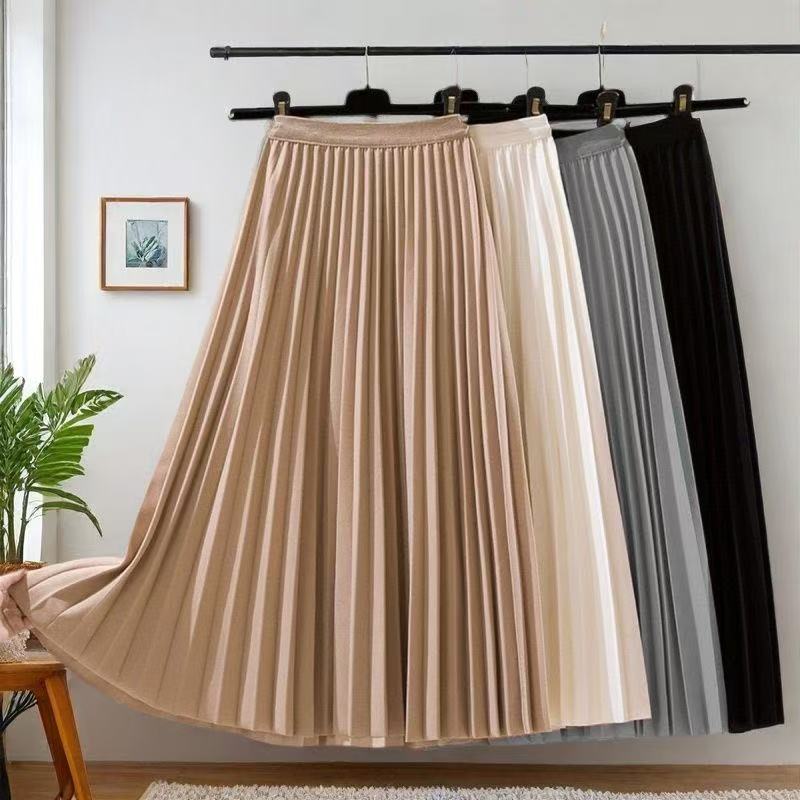 Saia Longa Plissada de Cetim Sólido para Mulheres, Nova Moda Coreana, Casual para Trabalho, Cintura Alta Elástica, Saia Solta para Festas