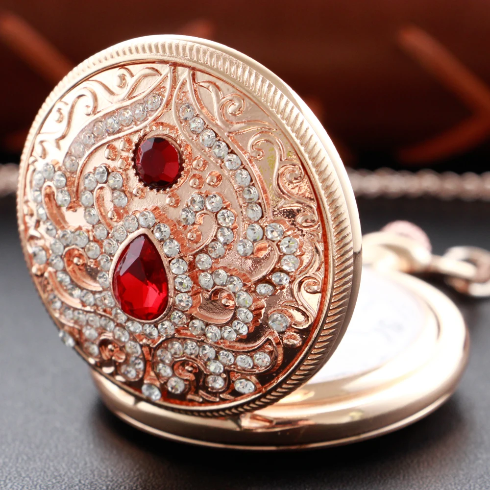 New Fashion Rose Gold with Diamonds Ruby Quartz Pocket Watch Vintage Necklace Pendant Clock Chain Watches For Women Men Gift