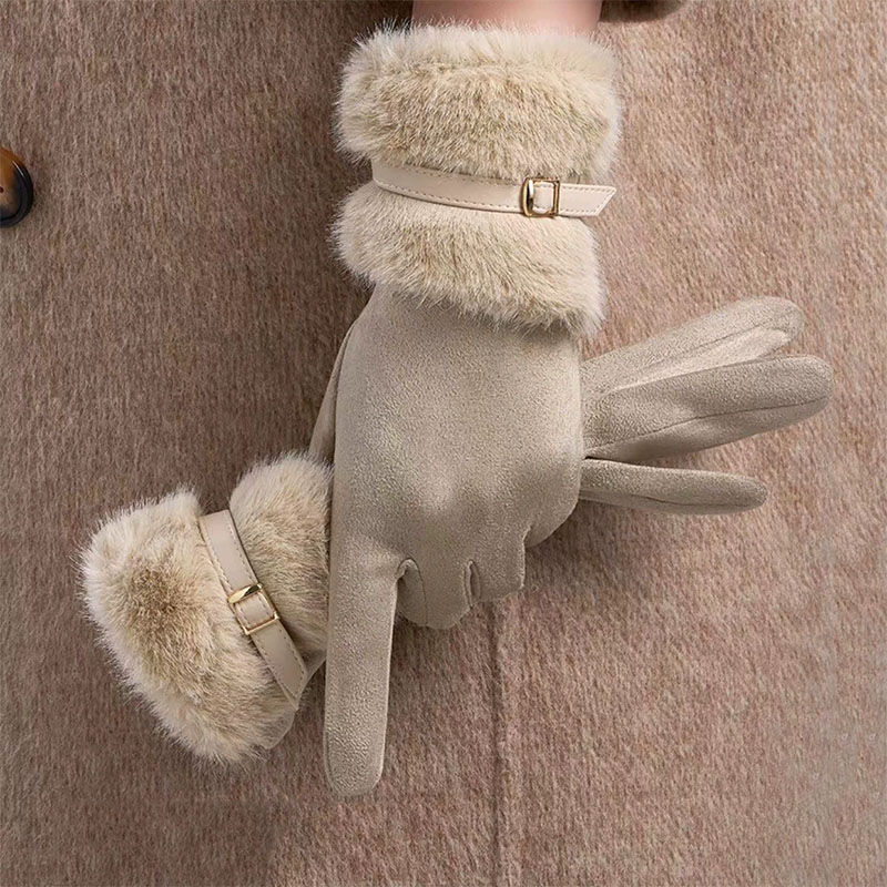 Winter Women Keep Warm Plus Velvet Touch Screen Thicken Plush Wrist Suede Gloves Fashion Personality Elegant Drive Cycling
