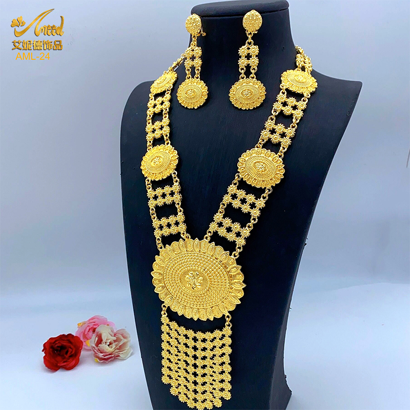 Collana e orecchini di lusso africani ANIID Set per le donne collana lunga araba indiana gioielli matrimonio all'ingrosso colore oro 24 carati