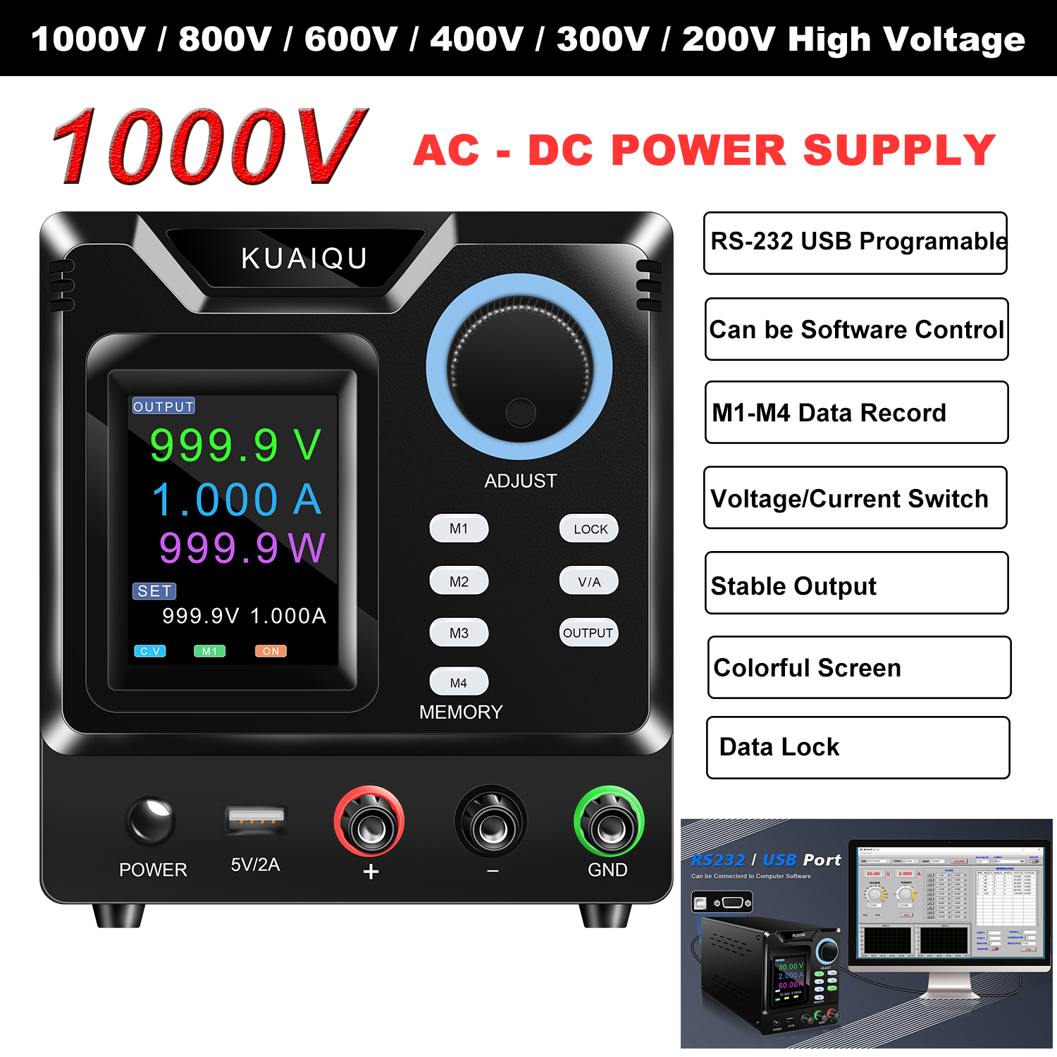 KUAIQU 1000V/800V/600V/400V/300V 1A DC Catu Daya Laboratorium yang Dapat Disesuaikan 60V 20A Sumber Daya Bench 200V 5A Output Presisi Stabil