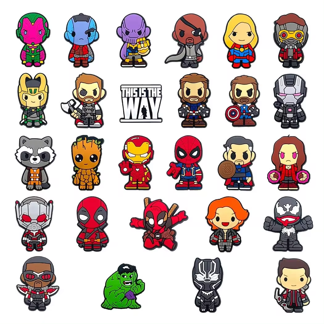 MINISO 27pcs Avenger 시리즈 구두 매력 나막신 Bogg 가방 버블 슬라이드 샌들, PVC 구두 장식 비치 가방 액세서리 세트