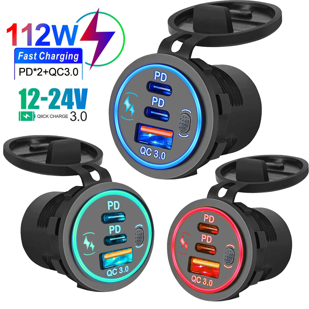 Ładowarka samochodowa z gniazdem PD3.0 i QC3.0, podwójne porty USB-C, wodoodporna, z dotykowym włącznikiem LED, szybkie ładowanie 78W, 12V/24V, adapter do motocykla.