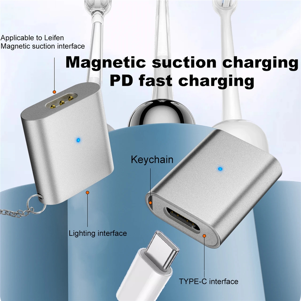 Adaptador USB C/8 pines hembra a magnético de 3 pines, adaptador de carga de aleación de aluminio, conector tipo C para cepillo de dientes eléctrico Laifen Wave