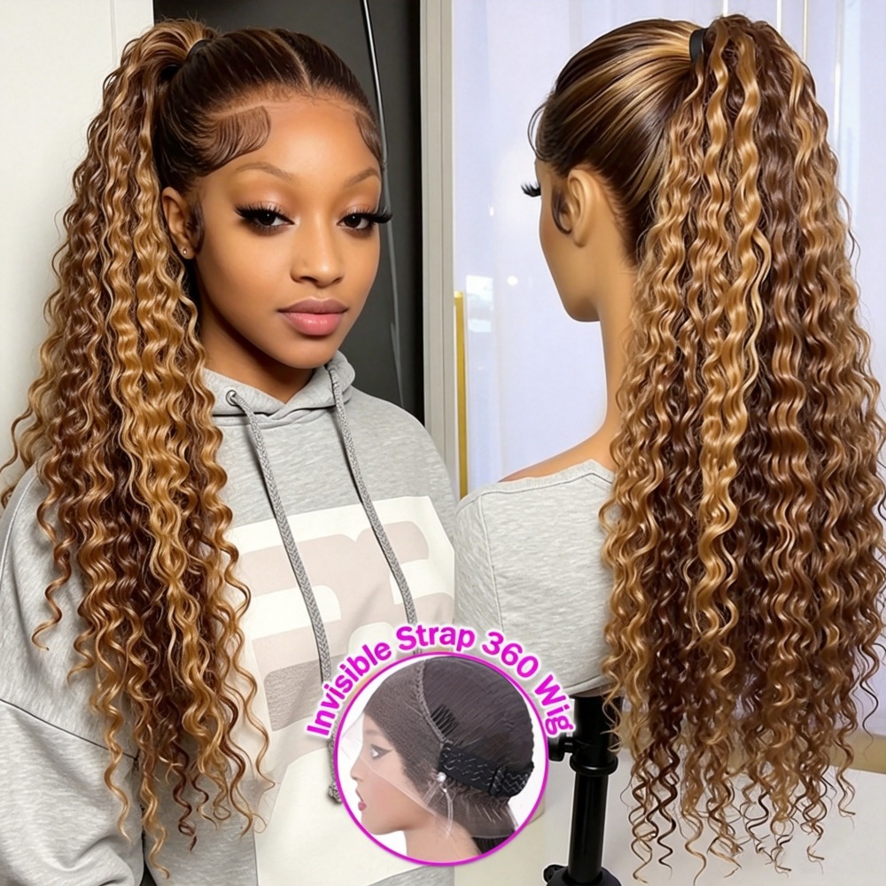 Peruca Frontal HD 360 com Renda Completa, Cabelo Humano Cacheado, Ondulado Profundo, Ombre, com Cordão Ajustável, Pré-arrancada, Densidade 220%, Loiro Mel, para Mulheres