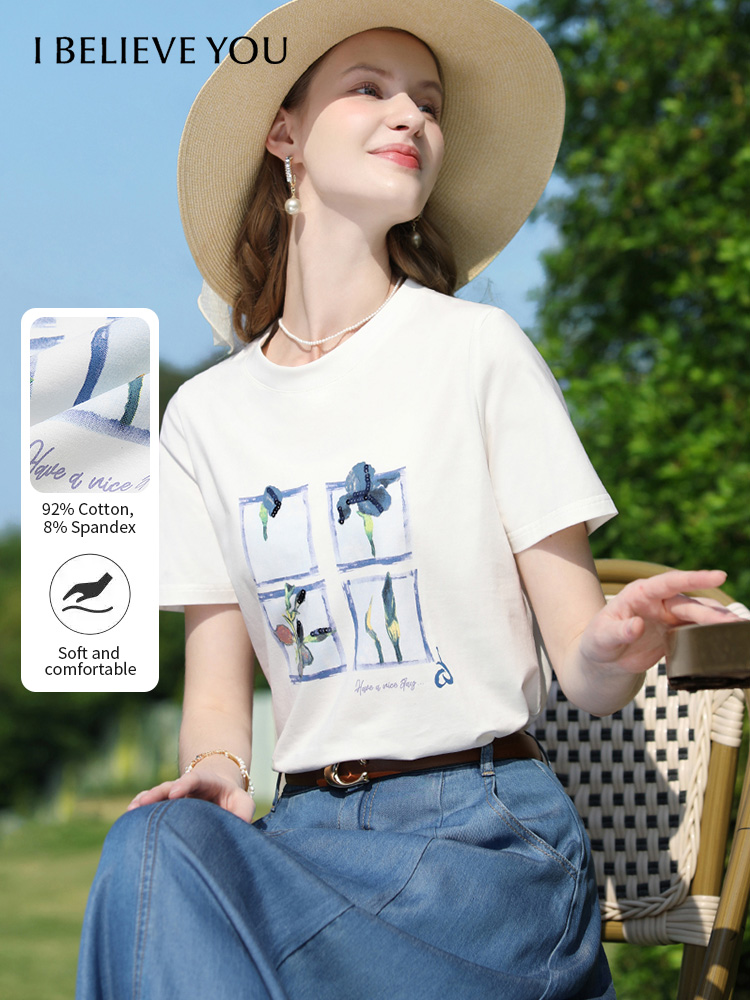 I BELIEVE YOU Dames Top Olieverfschilderij Paillettenborduurwerk Ronde Hals 2026 Nieuwe Zomer Woon-werkverkeer T-shirt met korte mouwen 2252015995