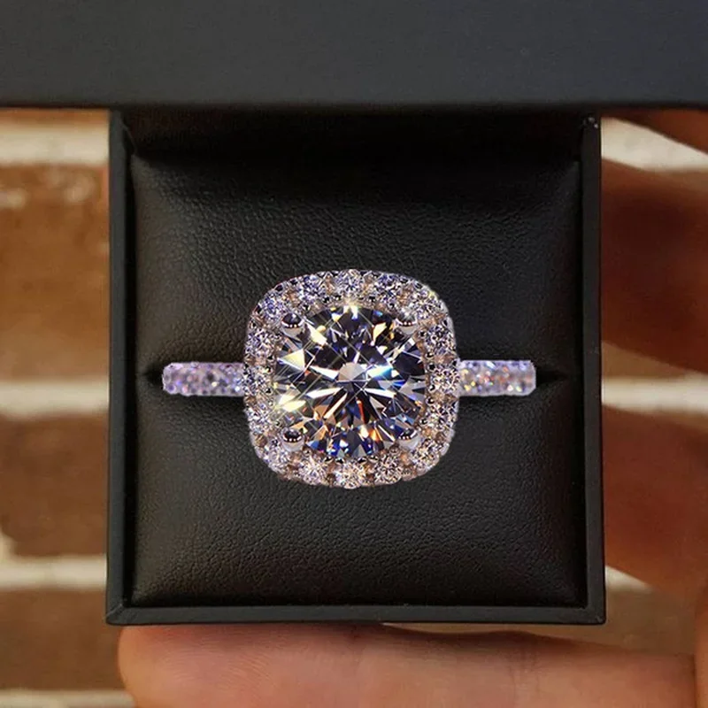 Bagues de Fiançailles et de Mariage Classiques en Argent pour Femme, Bijoux en Métal Blanc Incrusté sur les Patients de Charbon