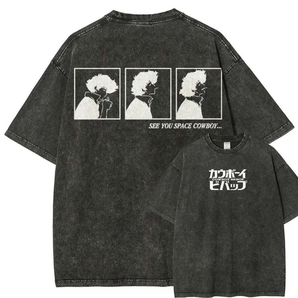 Camiseta masculina essencial de verão 100% algodão lavado com estampa de padrão Spike Spiegel da série de anime "Cowboy Bebop"