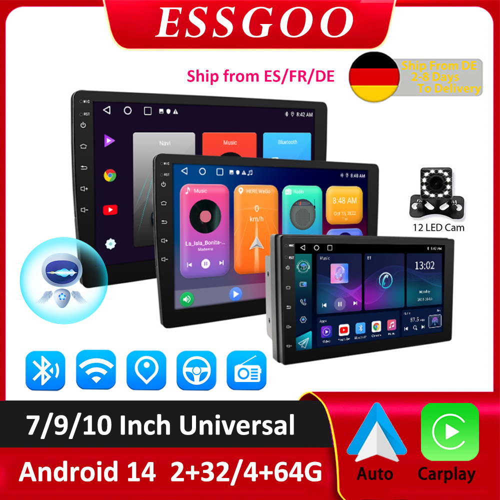 ESSGOO Radio Samochodowe Android 15 Multimedialne Bezprzewodowe Carplay GPS Stereo do Volkswagen Nissan Hyundai Kia Toyota Ford