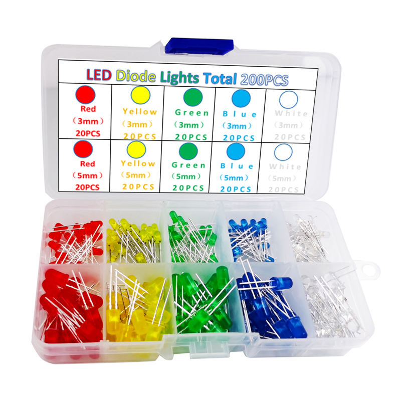 200 szt. Zestaw diod LED 3 mm i 5 mm Diody elektroluminescencyjne migające czerwone zielone niebieskie żółte białe