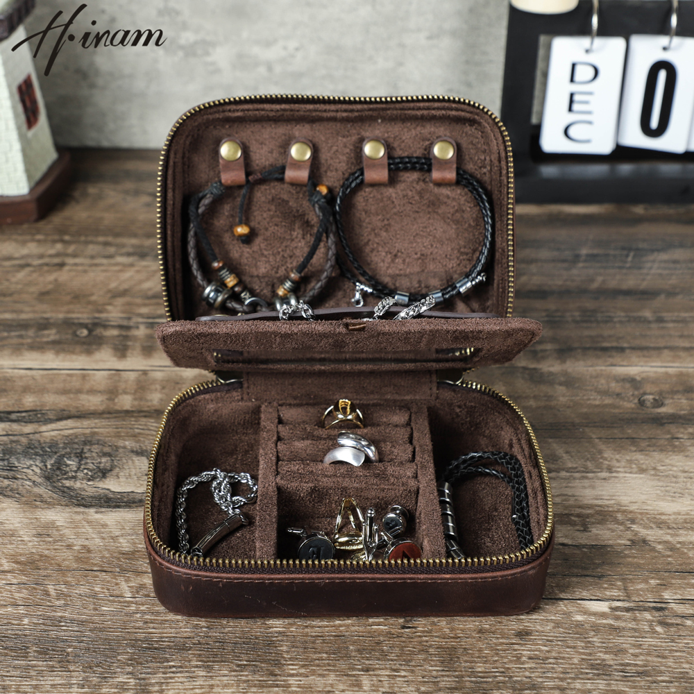 Luxe dubbellaags lederen sieraden oorbel ring armband doos draagbare opbergorganisator hanger geval met spiegel cadeau