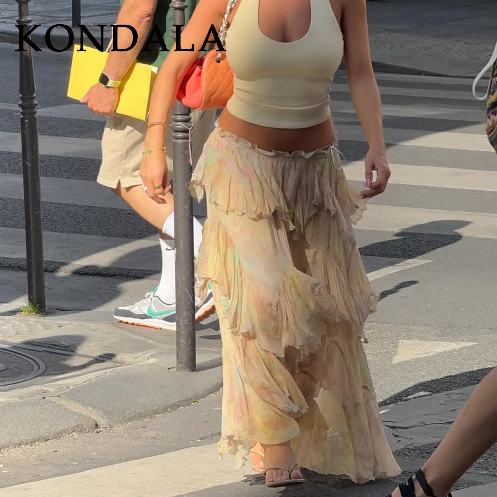 KONDALA 2026 Saias Longas Femininas Casuais Estampadas Primavera Verão Elegantes em Camadas Estilo Praia Chique