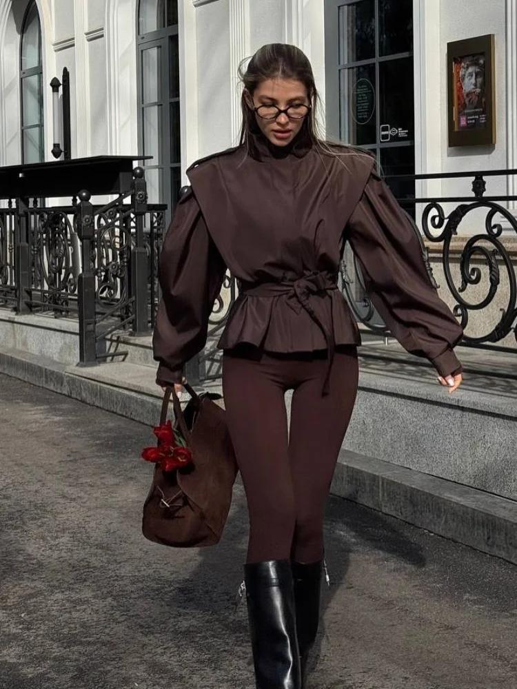 Women Solid Lace Up Lapel Jacket Casual Full Sleeve Wide Shoulder Waist Cinching Coats 2025 New Autumn Office Commute Outwear