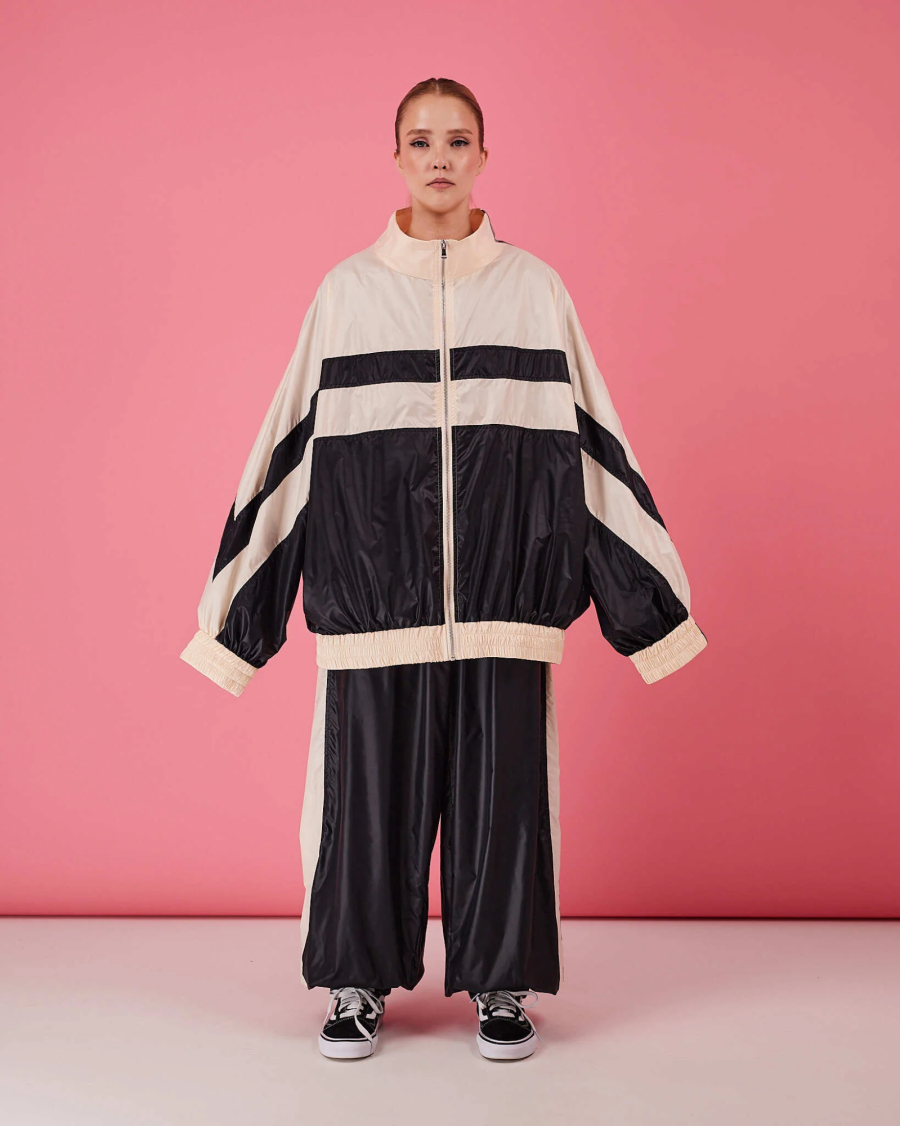 Women Acetate Satin Tracksuit Stand Collar Zip Up Color Block Jacket Elastic Cuff Loose Wide Leg Pants CasualTwoPiece Outfit Set