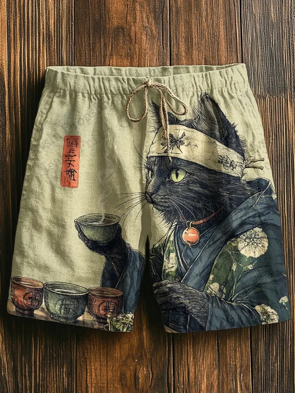 Herren Boardshorts Cartoon Samurai Katze Getränk Tier 3D Hawaii Strandshorts Badehose Badeanzug Sporthose Jungen Slip
