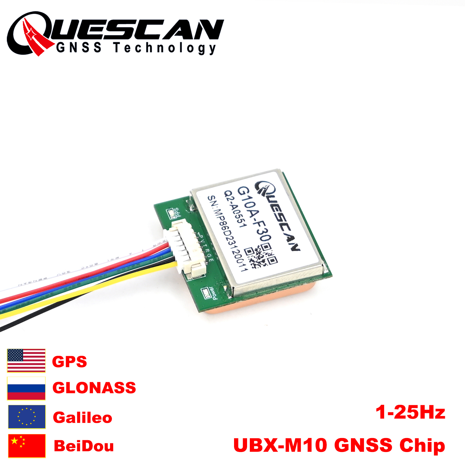 Moduł Quescan G10A-F30 M10 GPS GNSS wyposażony w UBX-M10050-KB Obsługa GPS+GLONASS+Galileo+Beidou, dokładność 1,5 m CEP