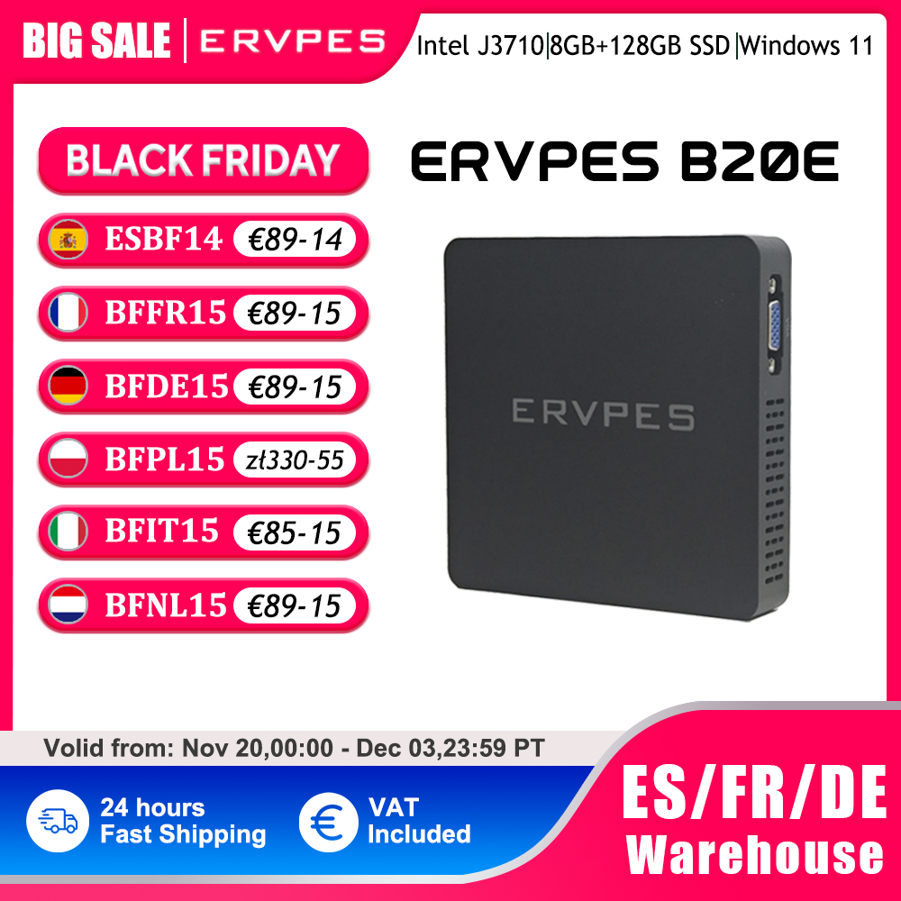 ERVPES 2025 B20E Mini PC Intel J3710 Windows 11 Pro DDR3 8 GB RAM 128 GB SSD HDMI/VGA BT 5.0 USB Desktop compatto per lavoro/casa