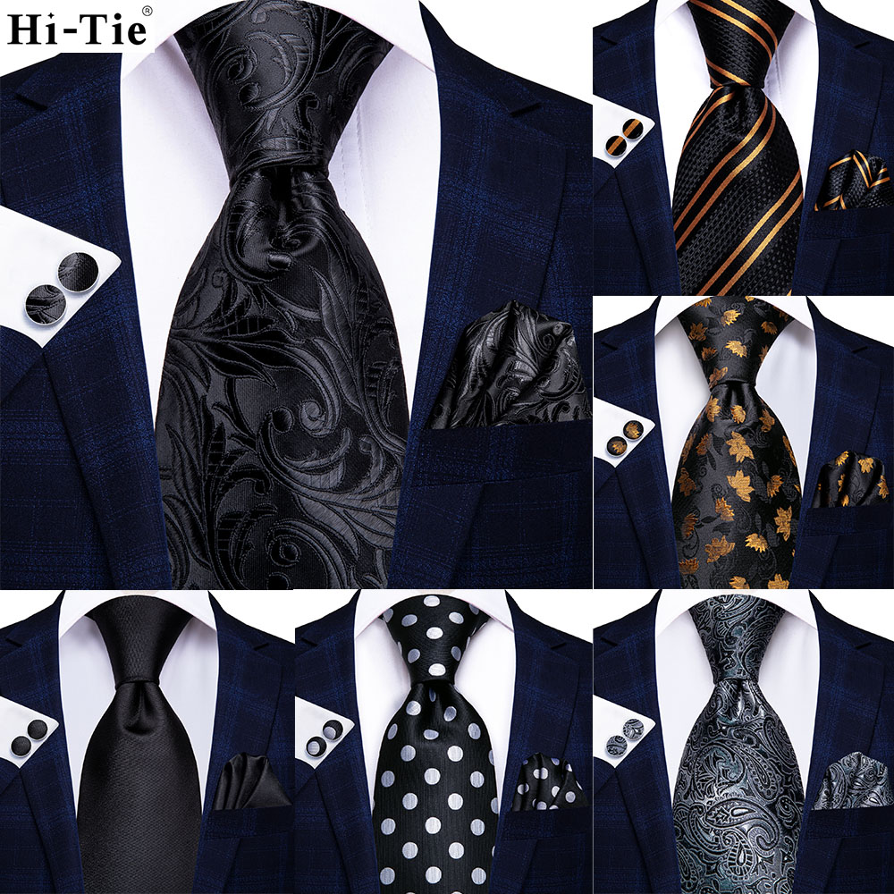 Hi-Tie Design Schwarze Krawatte mit Punktmuster für Herren, Einstecktuch, Manschettenknöpfe, Geschenkset, Herrenkrawatte, Gravata, Mode, Business, Dropshipping