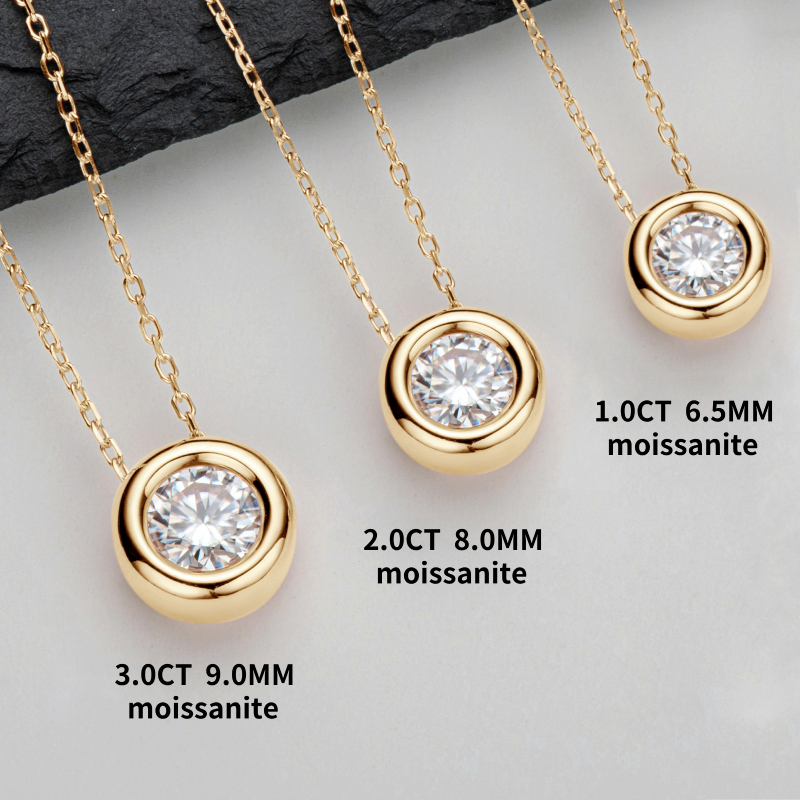 Kalung liontin lapis emas kuning 18K Perak 925 3CT 1-2CT 9mm kalung liontin Bezel Moissanite untuk pria wanita hadiah ulang tahun